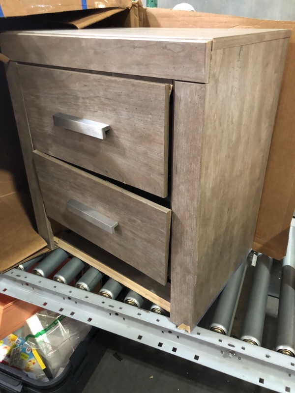 Photo 2 of **AS-IS DAMAGED**
Signature Design by Ashley Culverbach Modern 2 Drawer Nightstand with 2 USB Charging Stations, Weathered Gray