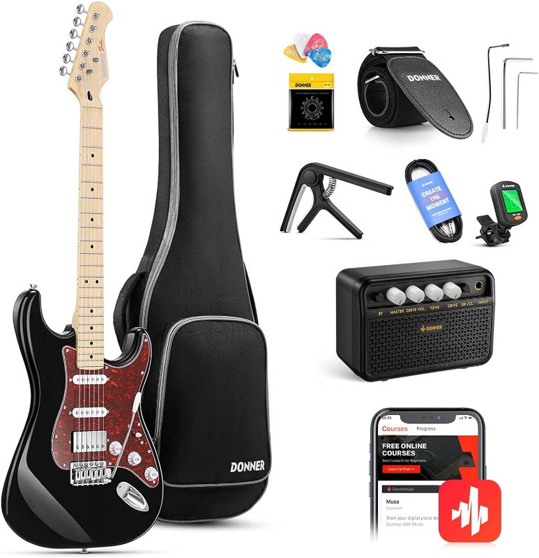 Photo 1 of Donner, DST-152B 39" Electric Guitar Kit HSS Pickup Coil Split with Amp, Black Solid Body Guitarra Electrica