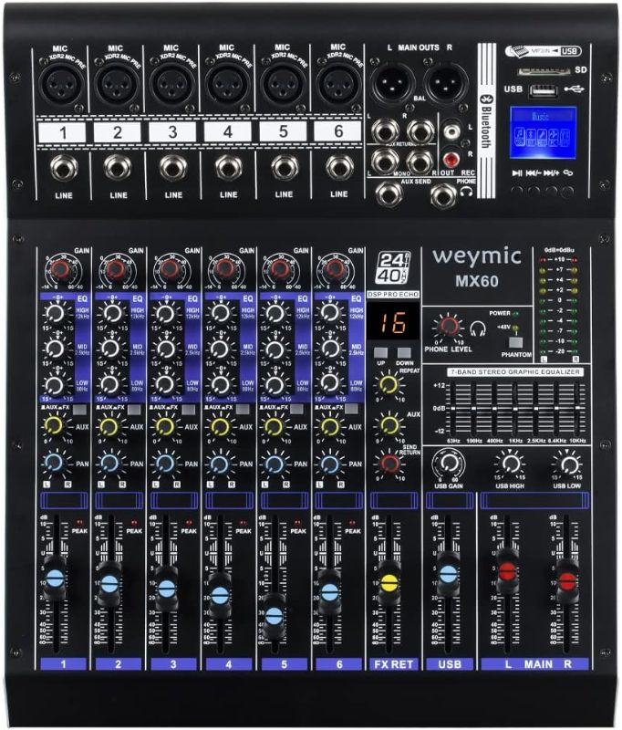 Photo 1 of **PREVIOUSLY OPENED**
Weymic MX-60 Professional Mixer (6-Channel) for Recording DJ Stage Karaoke/W Graphic Equalizer