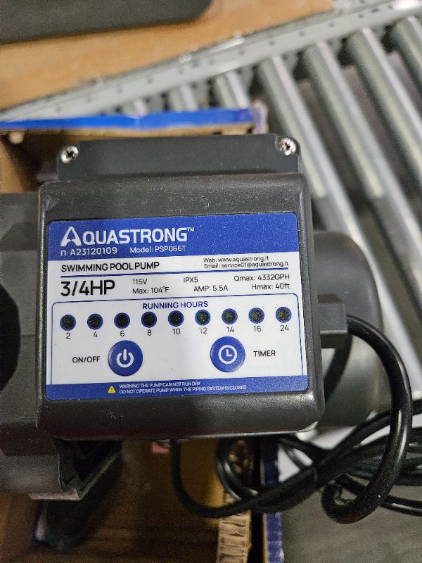 Photo 3 of **UNABLE TO TEST**
AQUASTRONG 3/4 HP Above Ground Pool Pump with Timer, 115V, 4332GPH, 1.25"&1.5''Connection