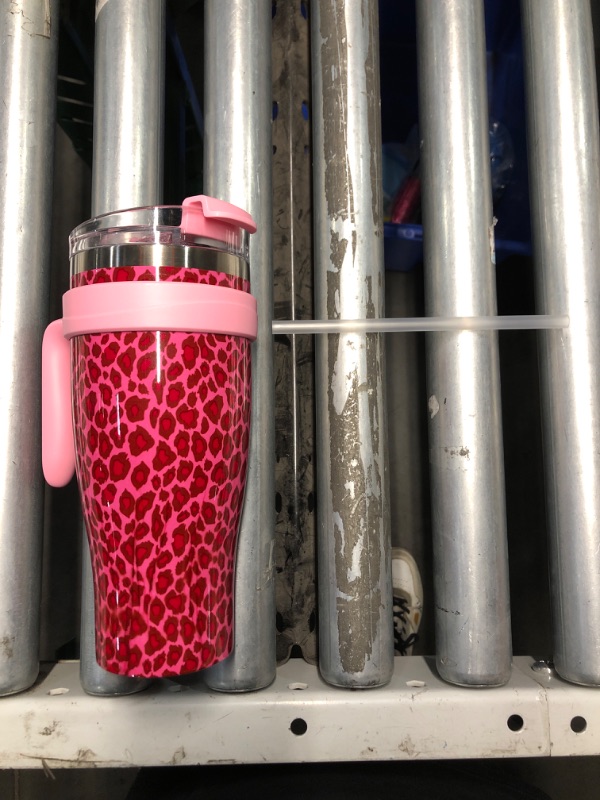 Photo 2 of (READ FULL POST) 40 oz Tumbler With Handle and Flip Straw,Insulated Stainless Steel Cup with 2-in-1 Sip/Straw Lid, Leak Proof Travel Mug, Fit in Cup Holder, Keeps Cold for 24 Hrs and Hot 8 Hrs, Rose Cheetah