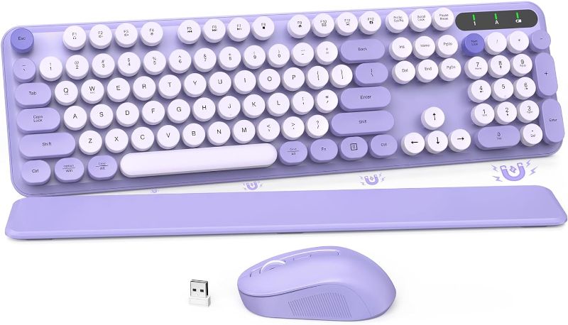 Photo 1 of ***USED SEE NOTES***Wireless Keyboard and Mouse Combo, Cute Round Keycaps, Full-size Retro Typewriter Keyboard with Detachable Wrist Rest, 2.4GHz Cordless Connection for Mac/Windows/PC/Laptop (Purple-Colorful)
