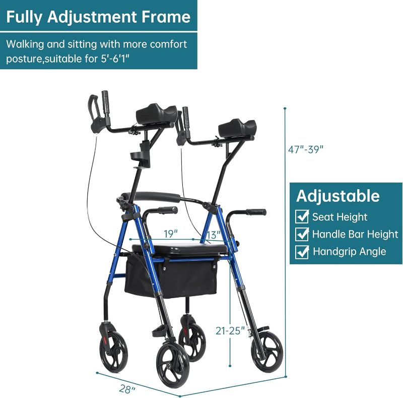 Photo 3 of (READ FULL POST) ELENKER Upright Walker, Stand Up Rollator Walker with Padded Seat and Backrest, Lightweight, Compact Folding, Fully Adjustment Frame for Seniors, Blue