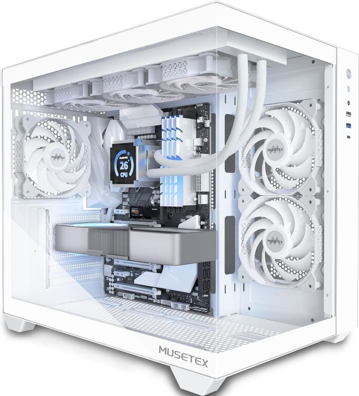 Photo 1 of MUSETEX ATX PC Case, 3 x 120mm Fans Pre-Installed, 360MM RAD Support, 270° Full View Tempered Glass Gaming PC Case with Type-C, Mid Tower ATX Computer Case, Black, Y6 Y6 Case White  