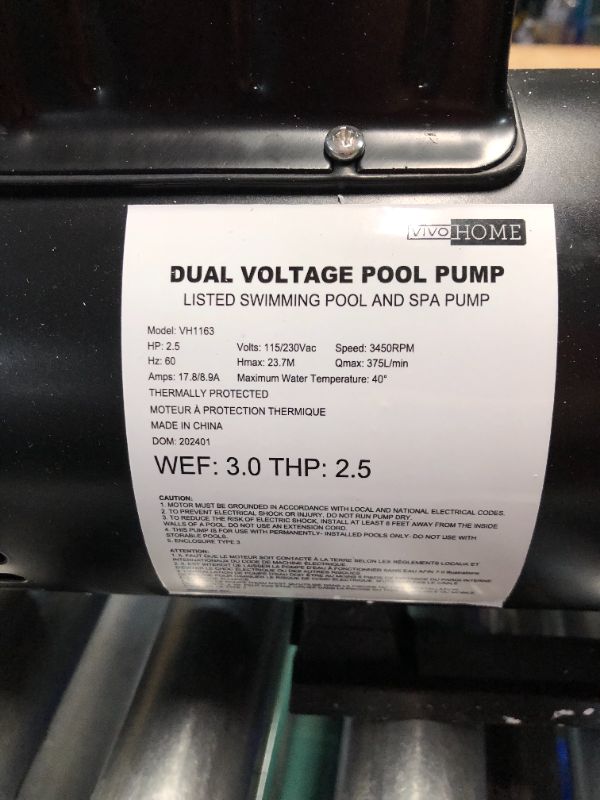 Photo 6 of VIVOHOME 2.5 HP Powerful Self Primming Dual Voltage in/Above Ground Swimming Pool Pump 1.5" & 2.0'' Intlet Energy Saving w/Strainer Basket 2.5 HP Dual Voltage