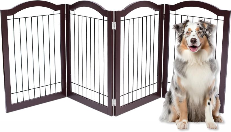 Photo 1 of  Dog Gate for The Home, Doorway, Stairs | 4 Panel | 30in H x 80in W | Medium, Large, Puppies, Cat | Free Standing | Indoor Folding Pet Barrier | Wooden MDF | Espresso
