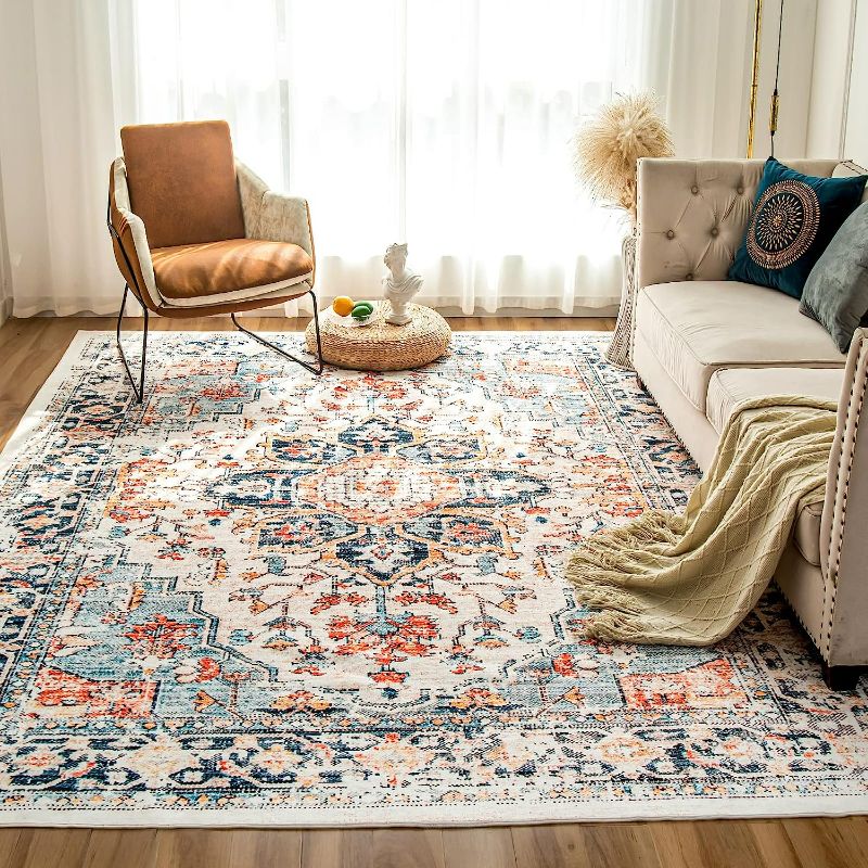 Photo 1 of (READ FULL POST) VK VK·LIVING Machine Washable Rug 8'x10' Vintage Design Washable Area Rugs with Non Slip Rugs for Living Room Bedroom Traditional Woven Rug Carpet Stain Resistant,Rug Decor Office Boho Rug,Blue&Orange
