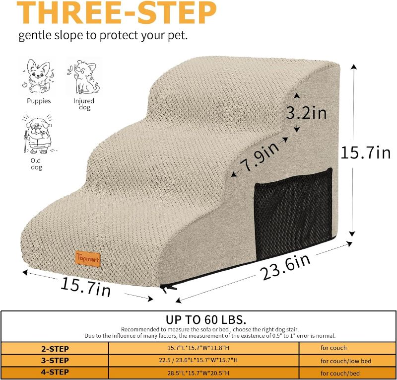 Photo 1 of (used)(not in packaging)(see all images) Topmart 3 Tiers Foam Dog Ramps/Steps,Non-Slip Dog Steps with Waterproof Cover