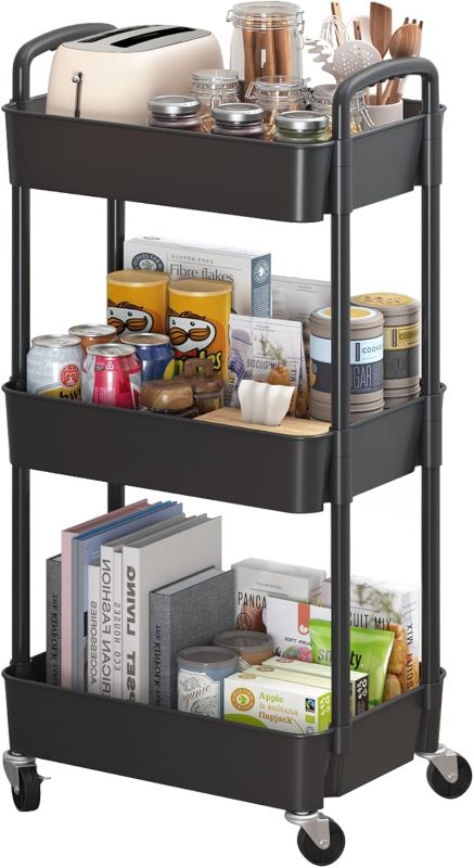 Photo 1 of ***STOCK PHOTO REFERENCE ONLY***READ NOTES**
3-Tier Plastic Rolling Utility Cart with Handle, Multi-Functional Storage Trolley for Office, Living Room, Kitchen, Movable Storage Organizer with Wheels, Black