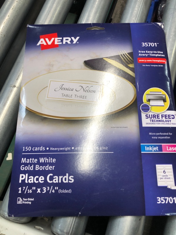 Photo 3 of ***FACTORY SEALED***
Avery Place Cards With Gold Border 1-7/16" x 3-3/4", 65 lbs. 150 Cards