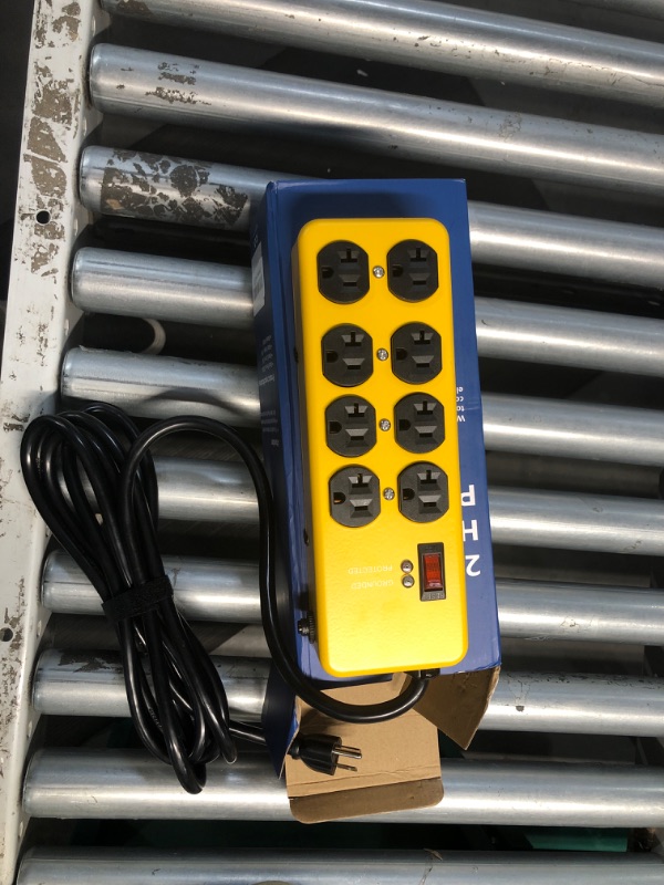 Photo 2 of **LIKE NEW
HEZI 20A Power Strip Surge Protector: Durable Metal 8-Outlet with Heavy Duty 20 Amp Extension Cord, 12 Gauge for Garage, Workshop & Industrial Use with 6-20R T-Slot Outlets, 4800J (Yellow, 10FT)