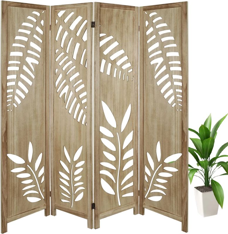 Photo 1 of *STOCK PHOTO FOR REFERENCE, SEE PIC FOR DESIGN* ECOMEX 4 Panel Room Divider, Folding Room Dividers and Folding Privacy Screens Freestanding Privacy Divider, Carved Wood Room Divider for Bedroom Home Office Restaurant (Natural)