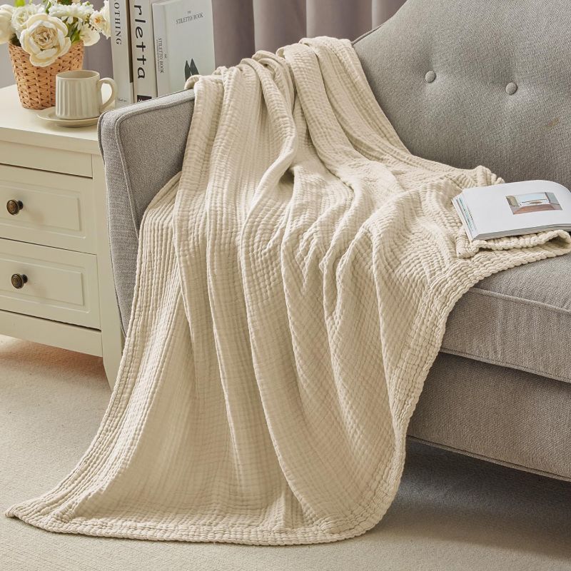 Photo 1 of ACCOTIA Muslin Blanket for Bed Couch Chair, Soft Lightweight Cotton Blanket with 4 Layers Khaki