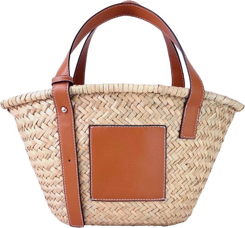 Photo 1 of Straw Basket Tote Bag for Women PU Leather Strap Hollow Woven Top Handle Straw Purses and Handbags