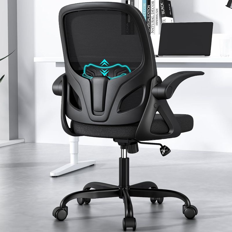 Photo 1 of Office Desk Chair with Lumbar Support Ergonomic Mesh Office Chair with Wheels and Flip-up Armrests Adjustable Height Swivel Computer Chair for Home and Office (Black)