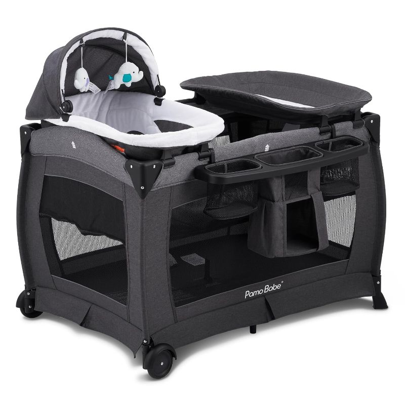 Photo 1 of Pamo Babe Deluxe Nursery Center, Foldable Playard for Baby & Toddler, Bassinet, Mattress, Changing Table for Newborn(Black)