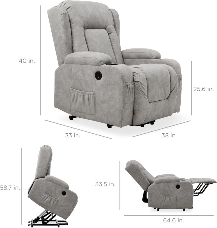 Photo 1 of  ** STOCK PHOTO ITEM SIMILAR** Best Choice Products PU Leather Electric Power Lift Chair, Recliner Massage Chair, Adjustable Furniture for Back, Legs w/ 3 Positions, USB Port, Heat, Cupholders, Easy-to-Reach Side Button - Gray 