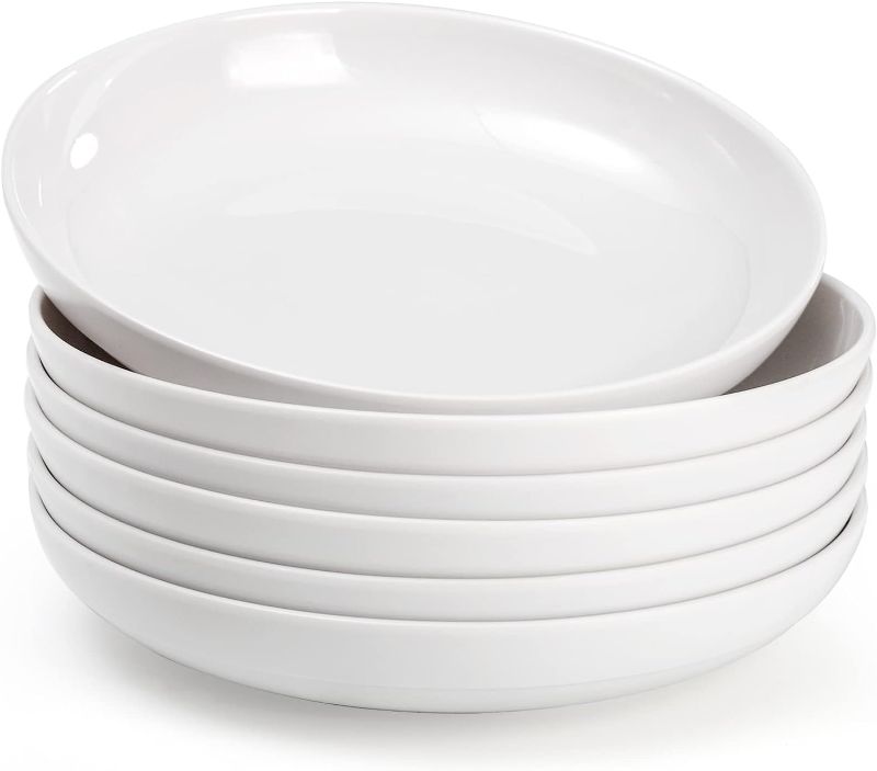 Photo 1 of Fasmov Melamine Pasta Bowls, 6 Pack 9 inches 30 Oz Large Salad Serving Bowls, Shallow Salad Bowls, Plastic Dinner Deep Plates, Dishwasher Safe, White