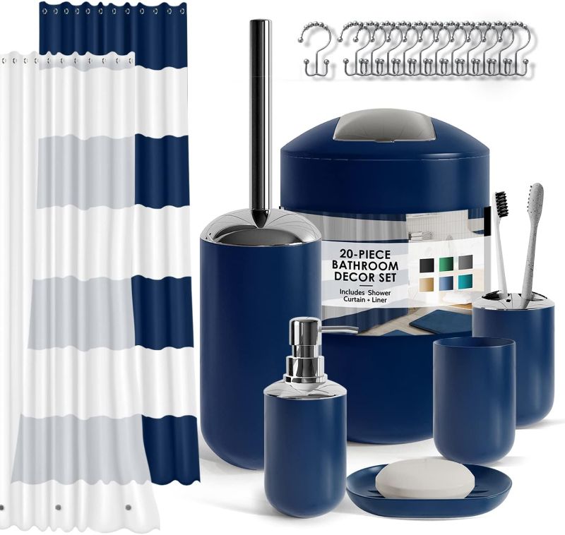 Photo 1 of *PARTIAL SET, NONREFUNDABLE* Clara Clark Navy Bathroom Accessories Set Complete with Bathroom Rugs Set and Shower Curtain Set, 12 Piece Bathroom Sets with Rugs and Accessories, Shower Curtain with Liner & Hooks, Bath Mat Set Complete Set + Bath Rugs Navy