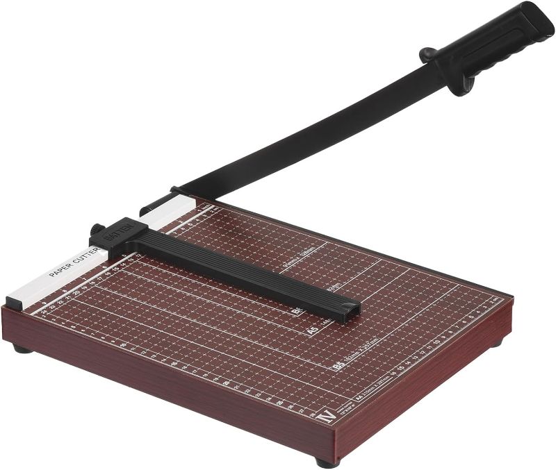 Photo 1 of Paper Cutter A4 Stack Paper Trimmer for Cardstock, 12" Cutting Length, Adjustable Guide, Sturdy Wood Base, 12-Sheet Capacity, Paper Slicer for Office, Home(Brown)