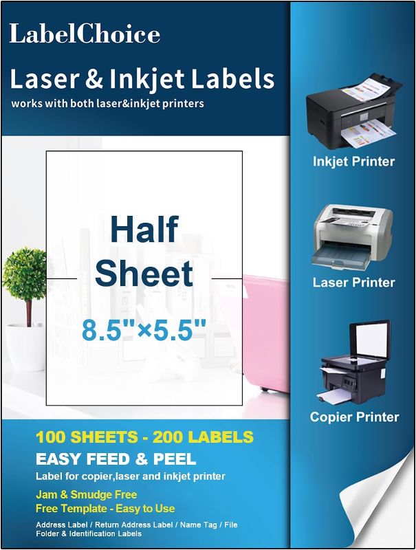 Photo 1 of 00 Sheets 200 Labels Half Sheet Self Adhesive Shipping Labels for Laser & Inkjet Printers, 8.5" x 5.5" Shipping Mailing Labels, 2 per Page Shipping Labels, 5 1/2 x 8 1/2 Half Sheet Labels