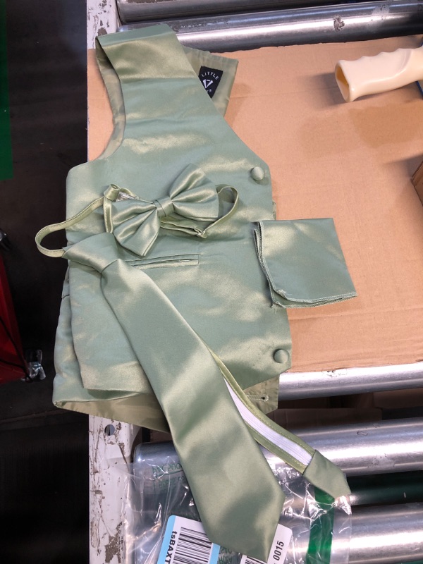 Photo 2 of Little Gents 738 Sage Satin Vest w/ Zipper Tie Bowtie & Hanky KIDS SIZE 12