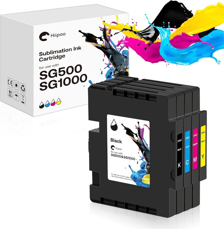 Photo 1 of Hiipoo SG500 SG1000 Sublimation Ink Cartridge Compatible for Sawgrass Virtuoso SG500 SG1000 Printer, Latest Upgraded Chip No AB Serial Number(4-Pack, 1 Black, 1 Cyan, 1 Magenta, 1 Yellow)