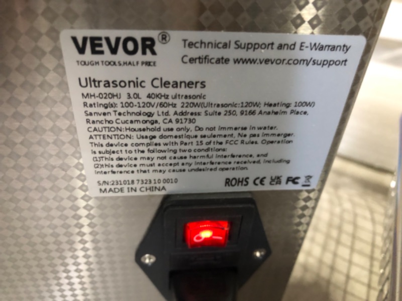 Photo 5 of ***USED - LIKELY MISSING PARTS - UNABLE TO VERIFY FUNCTIONALITY***
VEVOR Knob Ultrasonic Cleaner 3L 40kHz Ultrasonic Cleaning Machine Knob Control Sonic Cleaner 304 Stainless Steel Ultrasonic Cleaner Machine with Heater & Timer for Cleaning Jewelry Eyegla