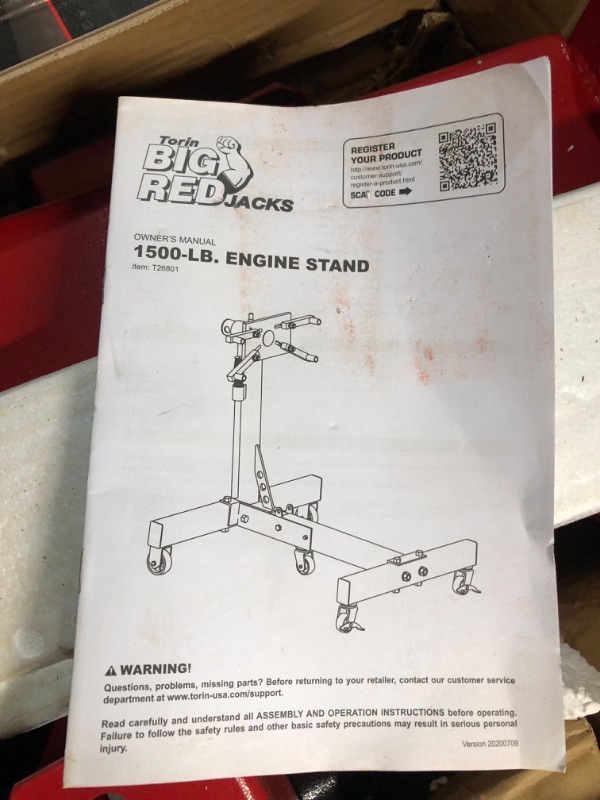 Photo 3 of BIG RED AT37912 Torin Steel Rotating Engine Stand with 360 Degree Rotating Head and Folding Frame: 3/4 Ton (1,500 lb) Capacity, Red Foldable 3/4 Ton (1,500 lb) Red