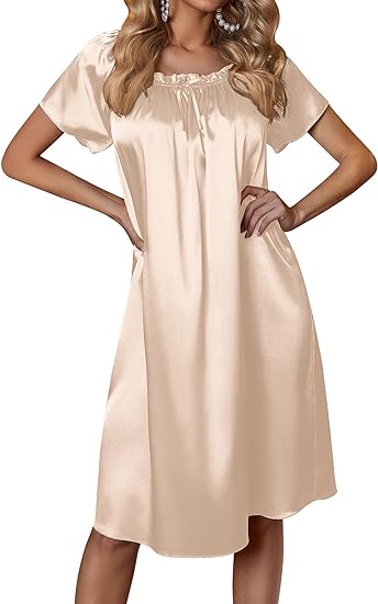 Photo 1 of Medium Ekouaer Women's Satin Silk Pleated Nightgown Loose Sleepwear Printed Nightshirt Short Sleeve Sleep Dress