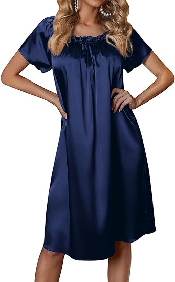 Photo 1 of Medium Ekouaer Women's Satin Silk Pleated Nightgown Loose Sleepwear Printed Nightshirt Short Sleeve Sleep Dress