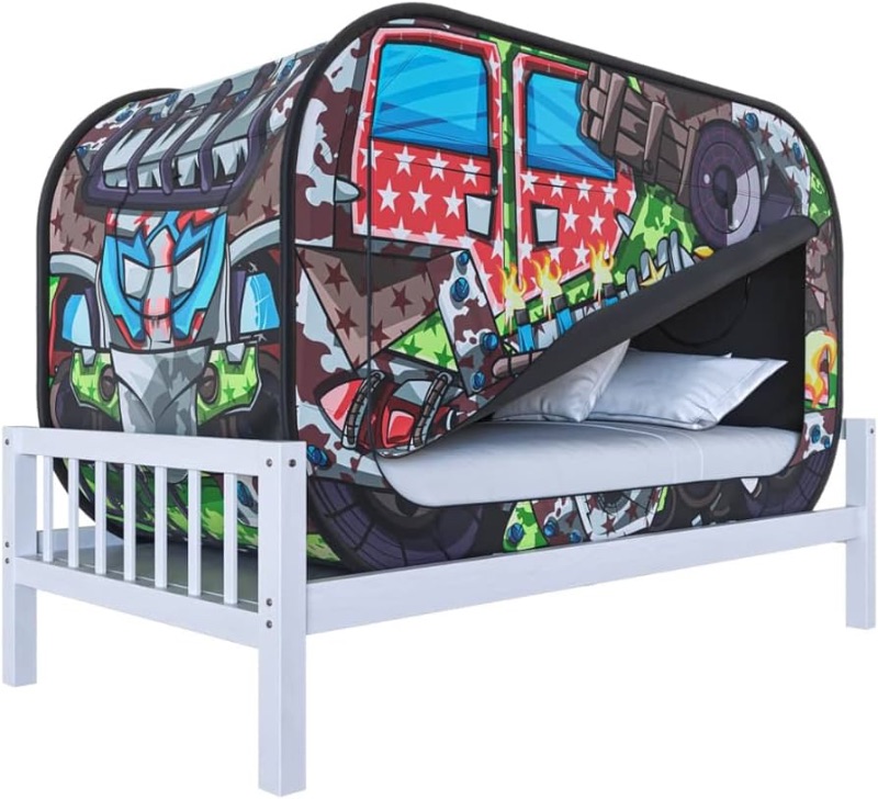 Photo 1 of (similar to stock photo) Skywin Kids Bed Tent Twin - Boys Bed Fort for Kids - Pop Up Privacy Tent for Twin Bed, Collapsible, Breathable, Light Reducing Pongee Bed Canopy for Warm and Cozy Night (Tank, Twin)