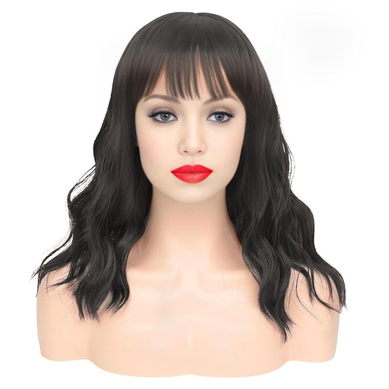 Photo 1 of  Wavy Wigs for Women Short Wavy Hair Wigs with Bangs Heat Resistant Synthetic Hair Wigs for Daily Party Use (Black)