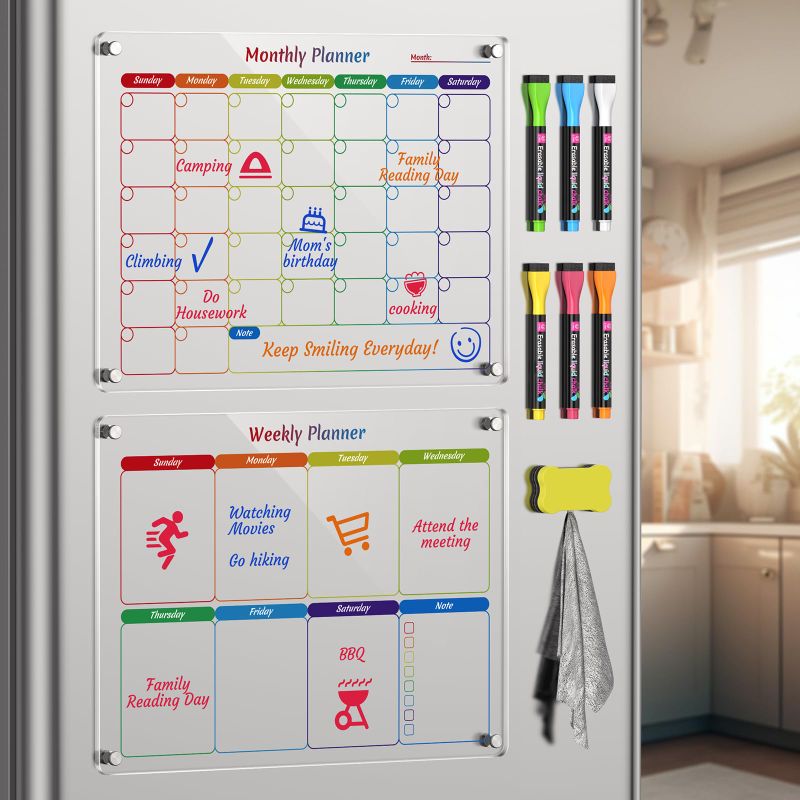 Photo 2 of Magnetic Calendar for Fridge, Monthly and Memo Acrylic Calendar for Fridge, 16"x12" Clear Fridge Calendar Dry Erase Magnetic Board for Refrigerator, Includes 6 Dry Erase Markers with 6 Colors Monthly&Memo Calendar