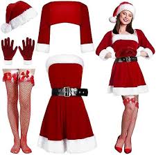 Photo 2 of 4 Pcs Santa Costume Women Christmas Suit Mrs. Claus Costume Dress, Santa Hat, Striped Tights, Gloves for Girl Adult