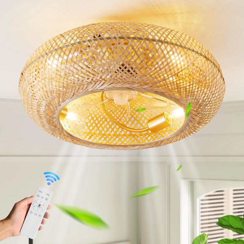 Photo 1 of [READ NOTES]
AINQIANT Boho Caged Ceiling Fan with Light Flush Mount, 20 Inch Enclosed Rattan Ceiling Fans with Lights and Remote Control, Enclosed Timing 6 Speeds for Bedroom Living Room Kitchen, Indoor-Gold
