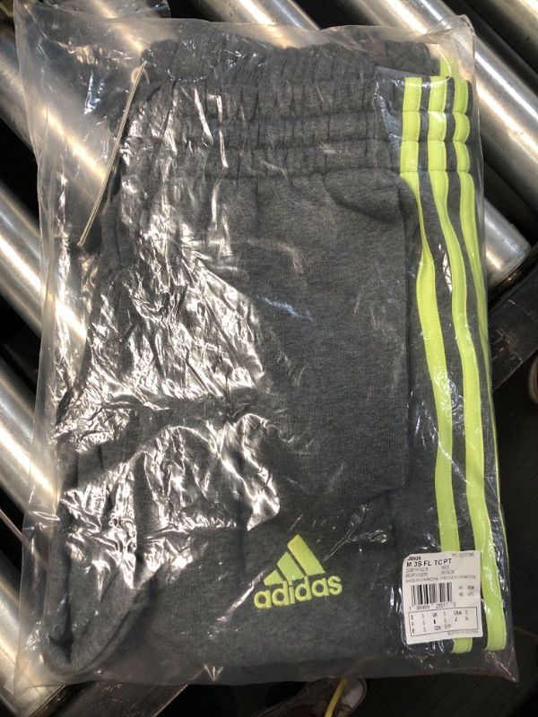 Photo 2 of adidas Men's Essentials Fleece Tapered Cuff 3-Stripes Pants small Dark Grey Heather/Pulse Lime