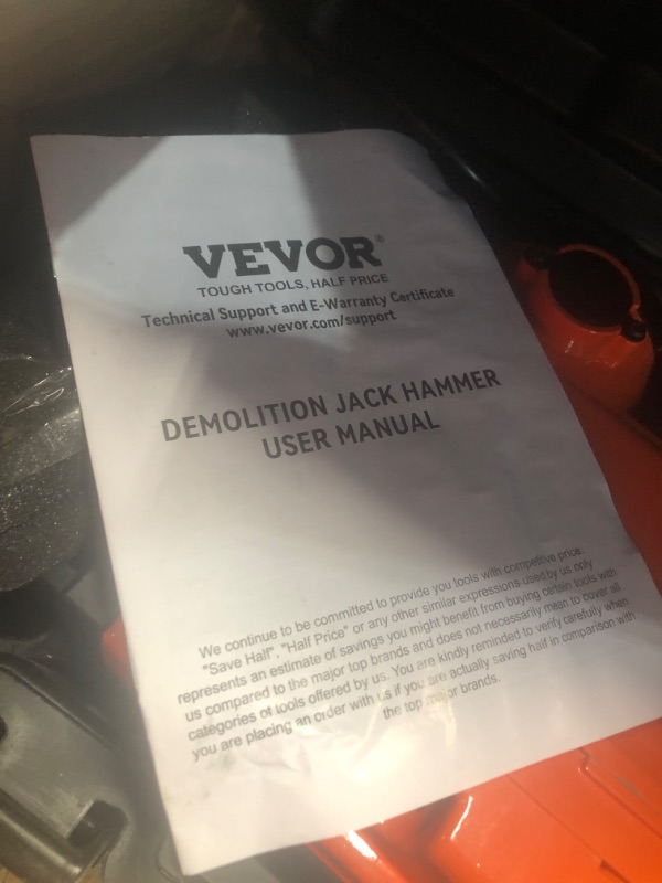 Photo 4 of ***USED*MISSING ATTACHMENTS*UNABLE TO TEST***
VEVOR Demolition Jack Hammer, MAX 2200W Electric Jackhammer Heavy Duty, 1350 BPM Concrete Breaker 4pcs Chisels Bit Chipping W/Case, Gloves
