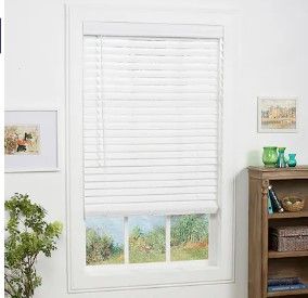 Photo 1 of **READ NOTES**allen + roth Trim at Home 2-in Slat Width 59-in x 48-in Cordless White Faux Wood Room Darkening Horizontal Blinds
