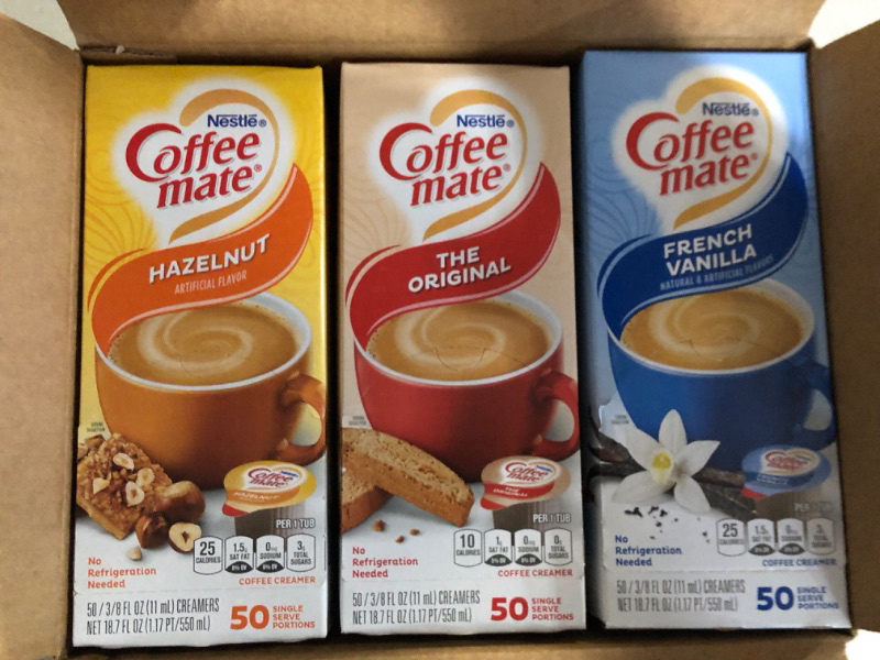 Photo 4 of ***BEST BY DATES*VANILLA MAY 2024*HAZELNUT AUGUST 2024*ORIGINAL AUGUST 2024***
Nestle Coffee Mate Creamer Singles Variety Pack, Original, French Vanilla, Hazelnut, Non Dairy, No Refrigeration, 150 Count (Pack of 3) Variety Pack Box of 50 Singles (Pack of 