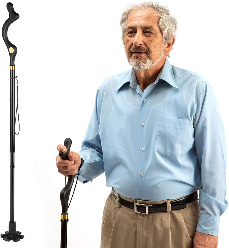 Photo 1 of (Similar to Stock Photo) Walking Cane for Men and Walking Canes for Women Special Balancing - Cane Walking Stick Have 10 Adjustable Heights - self Standing Folding Cane, Portable Collapsible Cane, Comfortable Black