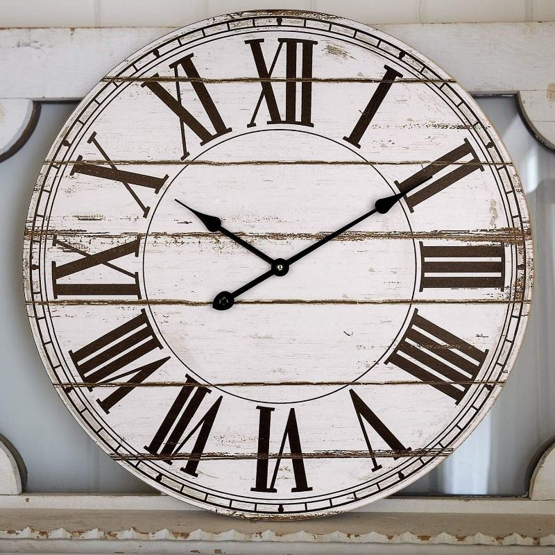 Photo 1 of ***USED - NO BATTERY - UNABLE TO TEST***
BEW Large Wall Clock, Rustic Farmhouse Distressed Shiplap Wall Clock, Silent White Wooden Wall Clock for Living Room Decor (24 Inch)