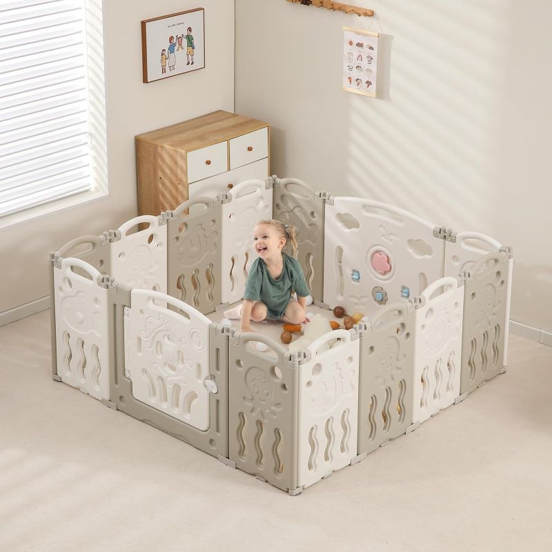 Photo 1 of (Similar to Stock Photo) IFLETH Baby Playpen Foldable Baby Fence with Game Panel and Safety Gate,Adjustable Shape Non-Slip Suction Cup,Play Pens for Babies and Toddlers Portable Kids Play Yards for Indoor Outdoor White+Grey 22 Panel