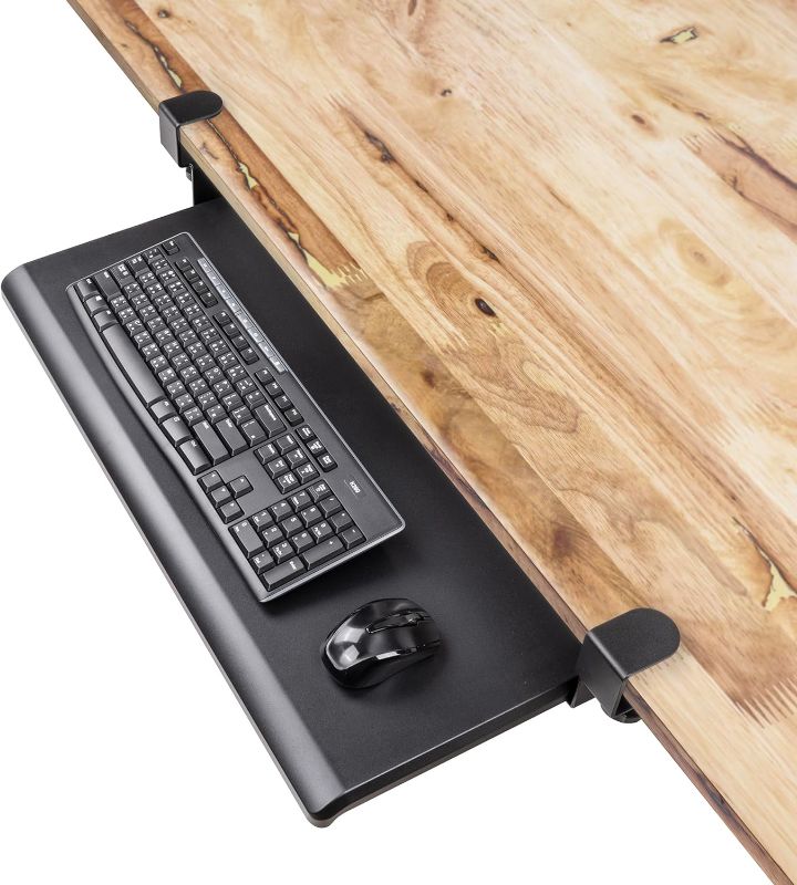 Photo 1 of EHO Clamp-On Under Desk Keyboard Tray Underdesk Extender Table Attachment Keyboard Drawer, Adjustable Keyboard Tray 
- Large Size, 27.5" x 12.25" for Work from Home Office Accessories Large Platform