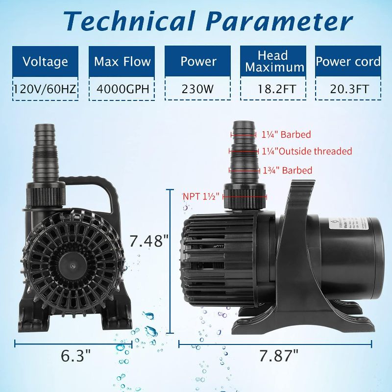 Photo 4 of (NON-REFUNDABLE) WaterRebirth (4000GPH-230W,UL listed) High Flow Submersible Water Pump - Pond Pump - Submersible Pump - Water Fountain Pump 