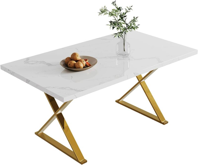 Photo 1 of  63" White Faux Marble Dining Table with Gold X Shape Pedestal Base