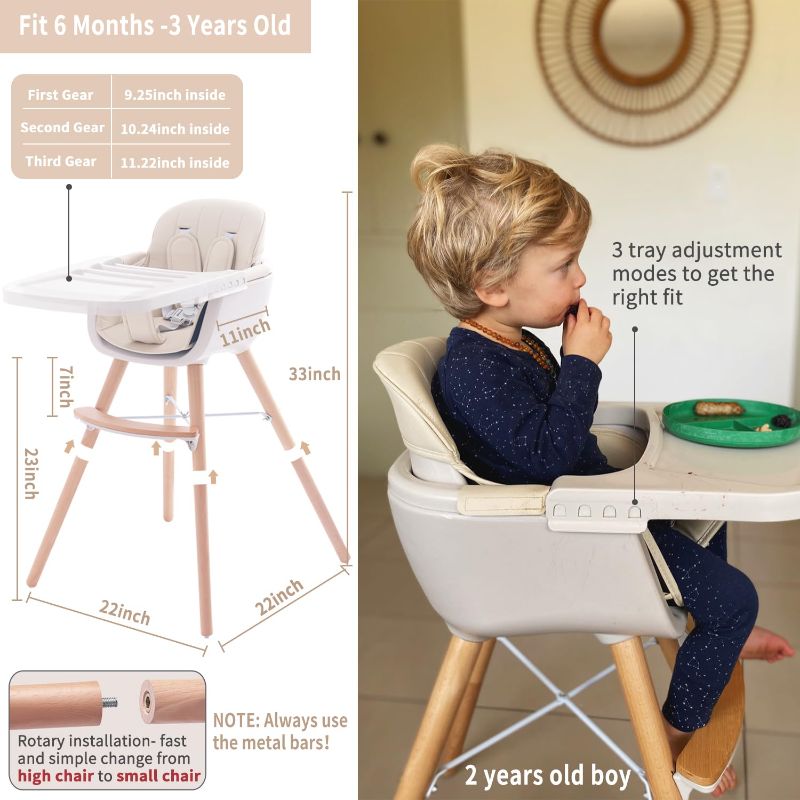 Photo 4 of 3-in-1 Convertible Wooden High Chair,Baby High Chair with Adjustable Legs & Dishwasher Safe Tray, Made of Sleek Hardwood & Premium Leatherette, Gray Color