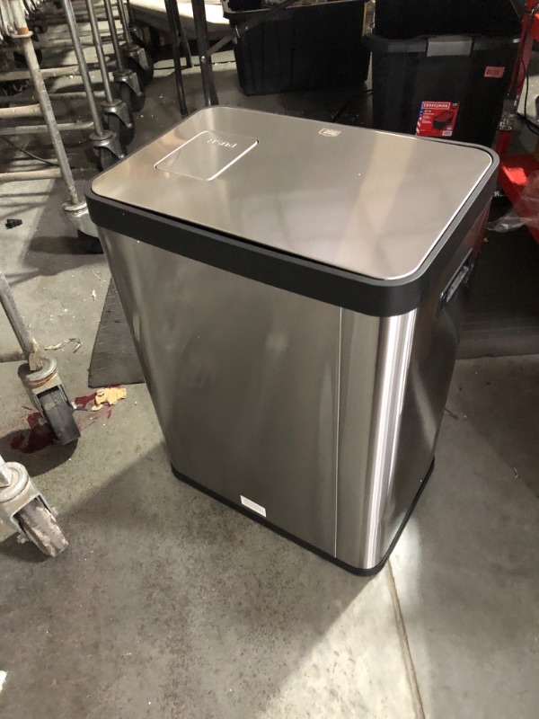 Photo 4 of ***USED - DAMAGED - DENTED ON SIDE - SEE PICTURES***
Home Zone Living 18.5 Gallon Dual Trash Can for Recycling and Trash with CleanAura Odor Control Compartment, 70 Liter Total Capacity, Silver