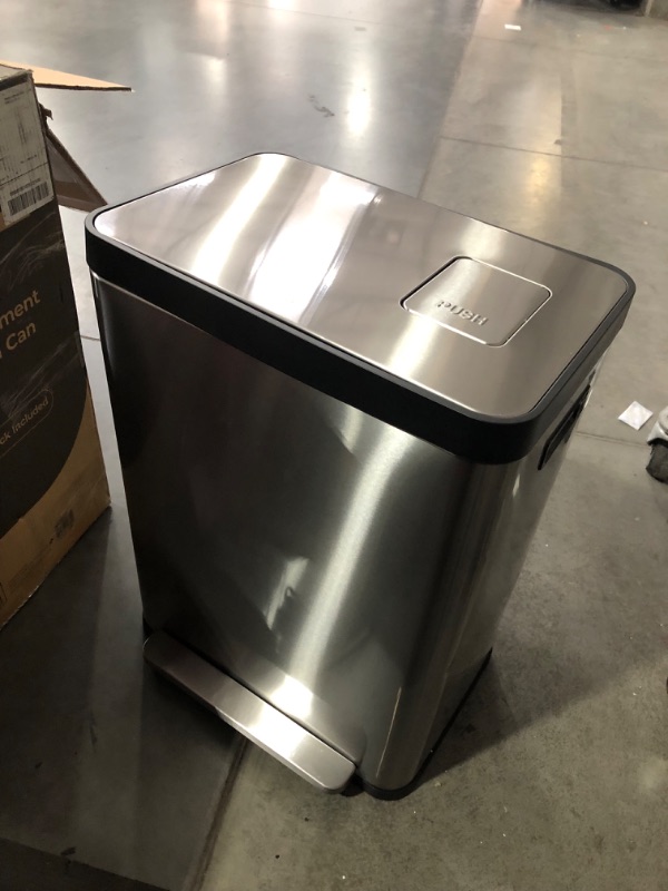 Photo 5 of ***USED - DAMAGED - DENTED ON SIDE - SEE PICTURES***
Home Zone Living 18.5 Gallon Dual Trash Can for Recycling and Trash with CleanAura Odor Control Compartment, 70 Liter Total Capacity, Silver