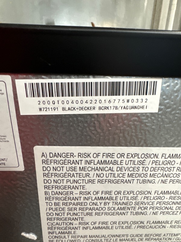 Photo 6 of ***READ NOTES**
BLACK+DECKER BCRK17B Compact Refrigerator Energy Star Single Door Mini Fridge with Freezer, 1.7 Cubic Feet, Black Black Mini Fridge